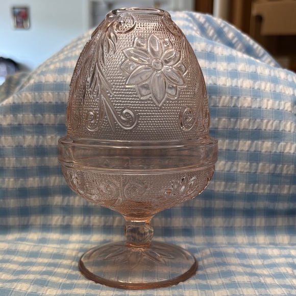 Pink Pressed Glass Compote with Floral Dome